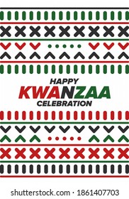 Kwanzaa Happy Celebration. African and African-American culture holiday. Seven days festival, celebrate annual from December 26 to January 1. Black history. Poster, card, banner and background. Vector