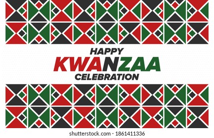 Kwanzaa Happy Celebration. African and African-American culture holiday. Seven days festival, celebrate annual from December 26 to January 1. Black history. Poster, card, banner and background. Vector