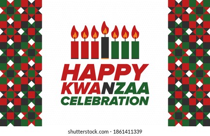 Kwanzaa Happy Celebration. African and African-American culture holiday. Seven days festival, celebrate annual from December 26 to January 1. Black history. Poster, card, banner and background. Vector