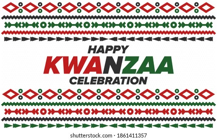 Kwanzaa Happy Celebration. African and African-American culture holiday. Seven days festival, celebrate annual from December 26 to January 1. Black history. Poster, card, banner and background. Vector