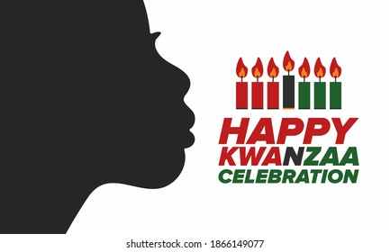 Kwanzaa Happy Celebration. African and African-American culture holiday. Seven days festival, celebrate annual from December 26 to January 1. Black history. Poster, card, banner and background. Vector