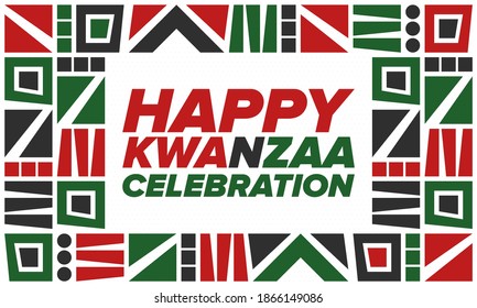 Kwanzaa Happy Celebration. African and African-American culture holiday. Seven days festival, celebrate annual from December 26 to January 1. Black history. Poster, card, banner and background. Vector