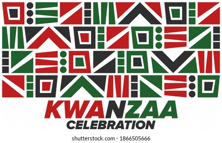 Kwanzaa Happy Celebration. African and African-American culture holiday. Seven days festival, celebrate annual from December 26 to January 1. Black history. Poster, card, banner and background. Vector