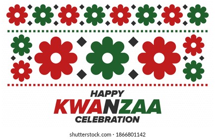 Kwanzaa Happy Celebration. African and African-American culture holiday. Seven days festival, celebrate annual from December 26 to January 1. Black history. Poster, card, banner and background. Vector