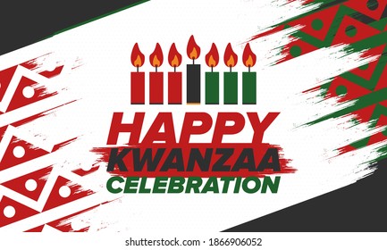 Kwanzaa Happy Celebration. African and African-American culture holiday. Seven days festival, celebrate annual from December 26 to January 1. Black history. Poster, card, banner and background. Vector