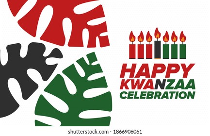 Kwanzaa Happy Celebration. African and African-American culture holiday. Seven days festival, celebrate annual from December 26 to January 1. Black history. Poster, card, banner and background. Vector