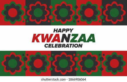 Kwanzaa Happy Celebration. African and African-American culture holiday. Seven days festival, celebrate annual from December 26 to January 1. Black history. Poster, card, banner and background. Vector