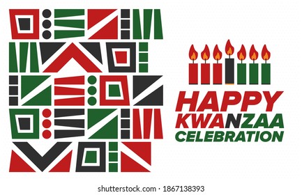 Kwanzaa Happy Celebration. African and African-American culture holiday. Seven days festival, celebrate annual from December 26 to January 1. Black history. Poster, card, banner and background. Vector