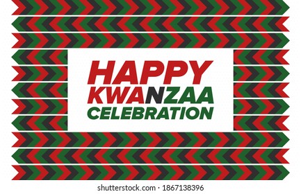 Kwanzaa Happy Celebration. African and African-American culture holiday. Seven days festival, celebrate annual from December 26 to January 1. Black history. Poster, card, banner and background. Vector