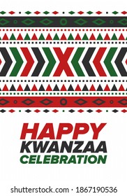 Kwanzaa Happy Celebration. African and African-American culture holiday. Seven days festival, celebrate annual from December 26 to January 1. Black history. Poster, card, banner and background. Vector