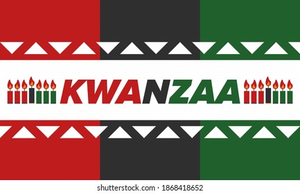 Kwanzaa Happy Celebration. African and African-American culture holiday. Seven days festival, celebrate annual from December 26 to January 1. Black history. Poster, card, banner and background. Vector