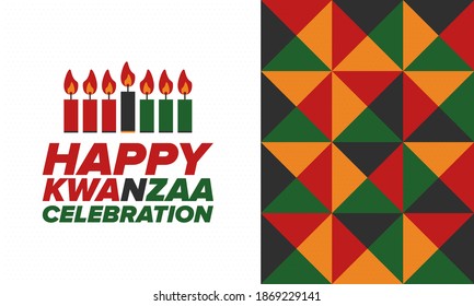 Kwanzaa Happy Celebration. African and African-American culture holiday. Seven days festival, celebrate annual from December 26 to January 1. Black history. Poster, card, banner and background. Vector