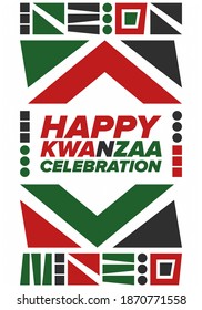 Kwanzaa Happy Celebration. African and African-American culture holiday. Seven days festival, celebrate annual from December 26 to January 1. Black history. Poster, card, banner and background. Vector