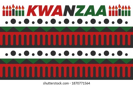 Kwanzaa Happy Celebration. African and African-American culture holiday. Seven days festival, celebrate annual from December 26 to January 1. Black history. Poster, card, banner and background. Vector