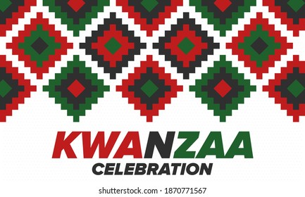 Kwanzaa Happy Celebration. African and African-American culture holiday. Seven days festival, celebrate annual from December 26 to January 1. Black history. Poster, card, banner and background. Vector