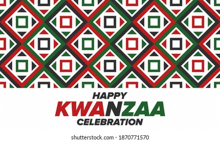 Kwanzaa Happy Celebration. African and African-American culture holiday. Seven days festival, celebrate annual from December 26 to January 1. Black history. Poster, card, banner and background. Vector