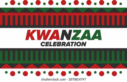 Kwanzaa Happy Celebration. African and African-American culture holiday. Seven days festival, celebrate annual from December 26 to January 1. Black history. Poster, card, banner and background. Vector