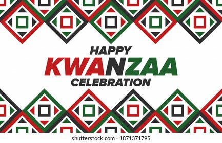 Kwanzaa Happy Celebration. African and African-American culture holiday. Seven days festival, celebrate annual from December 26 to January 1. Black history. Poster, card, banner and background. Vector