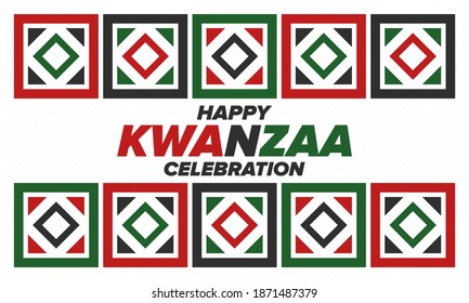 Kwanzaa Happy Celebration. African and African-American culture holiday. Seven days festival, celebrate annual from December 26 to January 1. Black history. Poster, card, banner and background. Vector