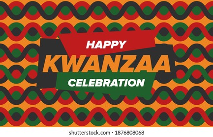 Kwanzaa Happy Celebration. African and African-American culture holiday. Seven days festival, celebrate annual from December 26 to January 1. Black history. Poster, card, banner and background. Vector