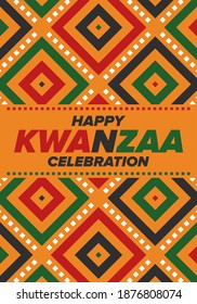 Kwanzaa Happy Celebration. African and African-American culture holiday. Seven days festival, celebrate annual from December 26 to January 1. Black history. Poster, card, banner and background. Vector