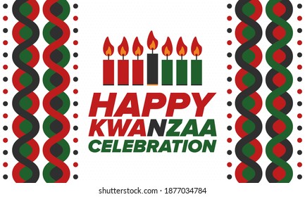 Kwanzaa Happy Celebration. African and African-American culture holiday. Seven days festival, celebrate annual from December 26 to January 1. Black history. Poster, card, banner and background. Vector