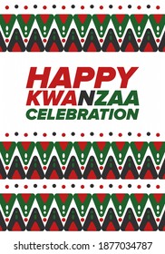Kwanzaa Happy Celebration. African and African-American culture holiday. Seven days festival, celebrate annual from December 26 to January 1. Black history. Poster, card, banner and background. Vector