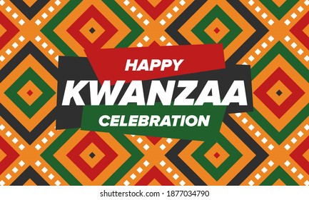 Kwanzaa Happy Celebration. African and African-American culture holiday. Seven days festival, celebrate annual from December 26 to January 1. Black history. Poster, card, banner and background. Vector