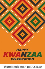 Kwanzaa Happy Celebration. African and African-American culture holiday. Seven days festival, celebrate annual from December 26 to January 1. Black history. Poster, card, banner and background. Vector