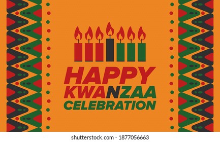 Kwanzaa Happy Celebration. African and African-American culture holiday. Seven days festival, celebrate annual from December 26 to January 1. Black history. Poster, card, banner and background. Vector