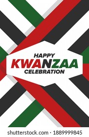 Kwanzaa Happy Celebration. African and African-American culture holiday. Seven days festival, celebrate annual from December 26 to January 1. Black history. Poster, card, banner and background. Vector