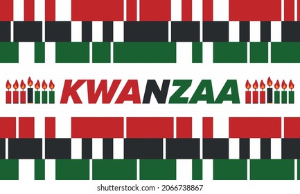 Kwanzaa Happy Celebration. African and African-American culture holiday. Seven days festival, celebrate annual from December 26 to January 1. Black history. Poster, card, banner and background. Vector