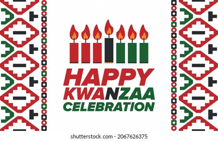 Kwanzaa Happy Celebration. African and African-American culture holiday. Seven days festival, celebrate annual from December 26 to January 1. Black history. Poster, card, banner and background. Vector