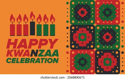 Kwanzaa Happy Celebration. African and African-American culture holiday. Seven days festival, celebrate annual from December 26 to January 1. Black history. Poster, card, banner and background. Vector