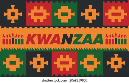 Kwanzaa Happy Celebration. African and African-American culture holiday. Seven days festival, celebrate annual from December 26 to January 1. Black history. Poster, card, banner and background. Vector