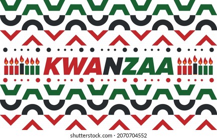 Kwanzaa Happy Celebration. African and African-American culture holiday. Seven days festival, celebrate annual from December 26 to January 1. Black history. Poster, card, banner and background. Vector