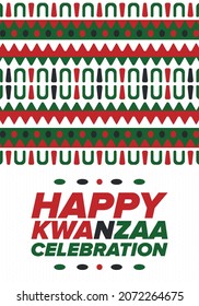 Kwanzaa Happy Celebration. African and African-American culture holiday. Seven days festival, celebrate annual from December 26 to January 1. Black history. Poster, card, banner and background. Vector