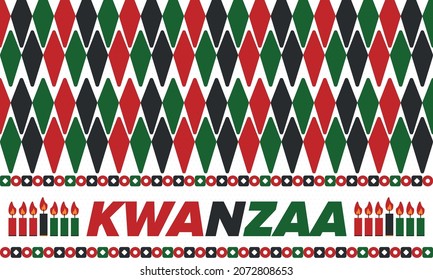 Kwanzaa Happy Celebration. African and African-American culture holiday. Seven days festival, celebrate annual from December 26 to January 1. Black history. Poster, card, banner and background. Vector