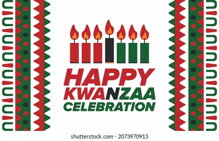 Kwanzaa Happy Celebration. African and African-American culture holiday. Seven days festival, celebrate annual from December 26 to January 1. Black history. Poster, card, banner and background. Vector