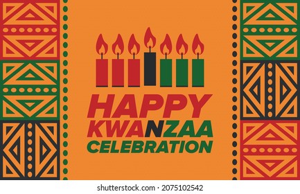 Kwanzaa Happy Celebration. African and African-American culture holiday. Seven days festival, celebrate annual from December 26 to January 1. Black history. Poster, card, banner and background. Vector