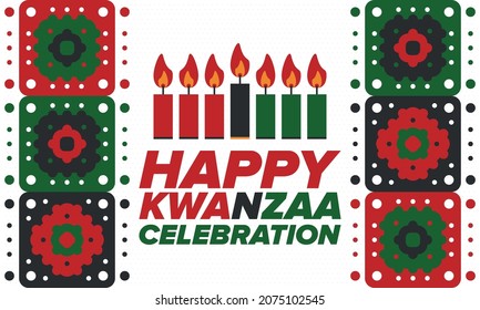 Kwanzaa Happy Celebration. African and African-American culture holiday. Seven days festival, celebrate annual from December 26 to January 1. Black history. Poster, card, banner and background. Vector