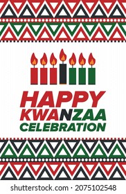 Kwanzaa Happy Celebration. African and African-American culture holiday. Seven days festival, celebrate annual from December 26 to January 1. Black history. Poster, card, banner and background. Vector