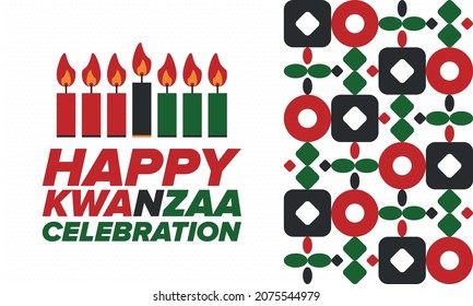 Kwanzaa Happy Celebration. African and African-American culture holiday. Seven days festival, celebrate annual from December 26 to January 1. Black history. Poster, card, banner and background. Vector