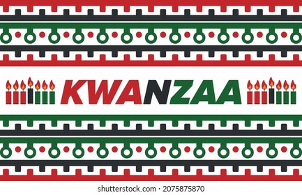 Kwanzaa Happy Celebration. African and African-American culture holiday. Seven days festival, celebrate annual from December 26 to January 1. Black history. Poster, card, banner and background. Vector