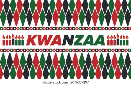 Kwanzaa Happy Celebration. African and African-American culture holiday. Seven days festival, celebrate annual from December 26 to January 1. Black history. Poster, card, banner and background. Vector