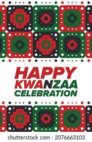 Kwanzaa Happy Celebration. African and African-American culture holiday. Seven days festival, celebrate annual from December 26 to January 1. Black history. Poster, card, banner and background. Vector