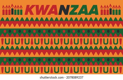 Kwanzaa Happy Celebration. African and African-American culture holiday. Seven days festival, celebrate annual from December 26 to January 1. Black history. Poster, card, banner and background. Vector