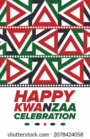 Kwanzaa Happy Celebration. African and African-American culture holiday. Seven days festival, celebrate annual from December 26 to January 1. Black history. Poster, card, banner and background. Vector