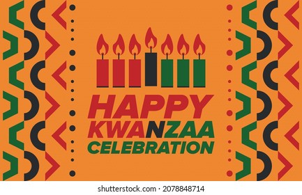Kwanzaa Happy Celebration. African and African-American culture holiday. Seven days festival, celebrate annual from December 26 to January 1. Black history. Poster, card, banner and background. Vector