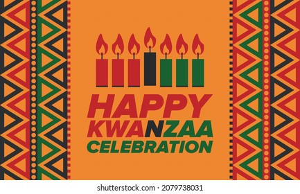 Kwanzaa Happy Celebration. African and African-American culture holiday. Seven days festival, celebrate annual from December 26 to January 1. Black history. Poster, card, banner and background. Vector